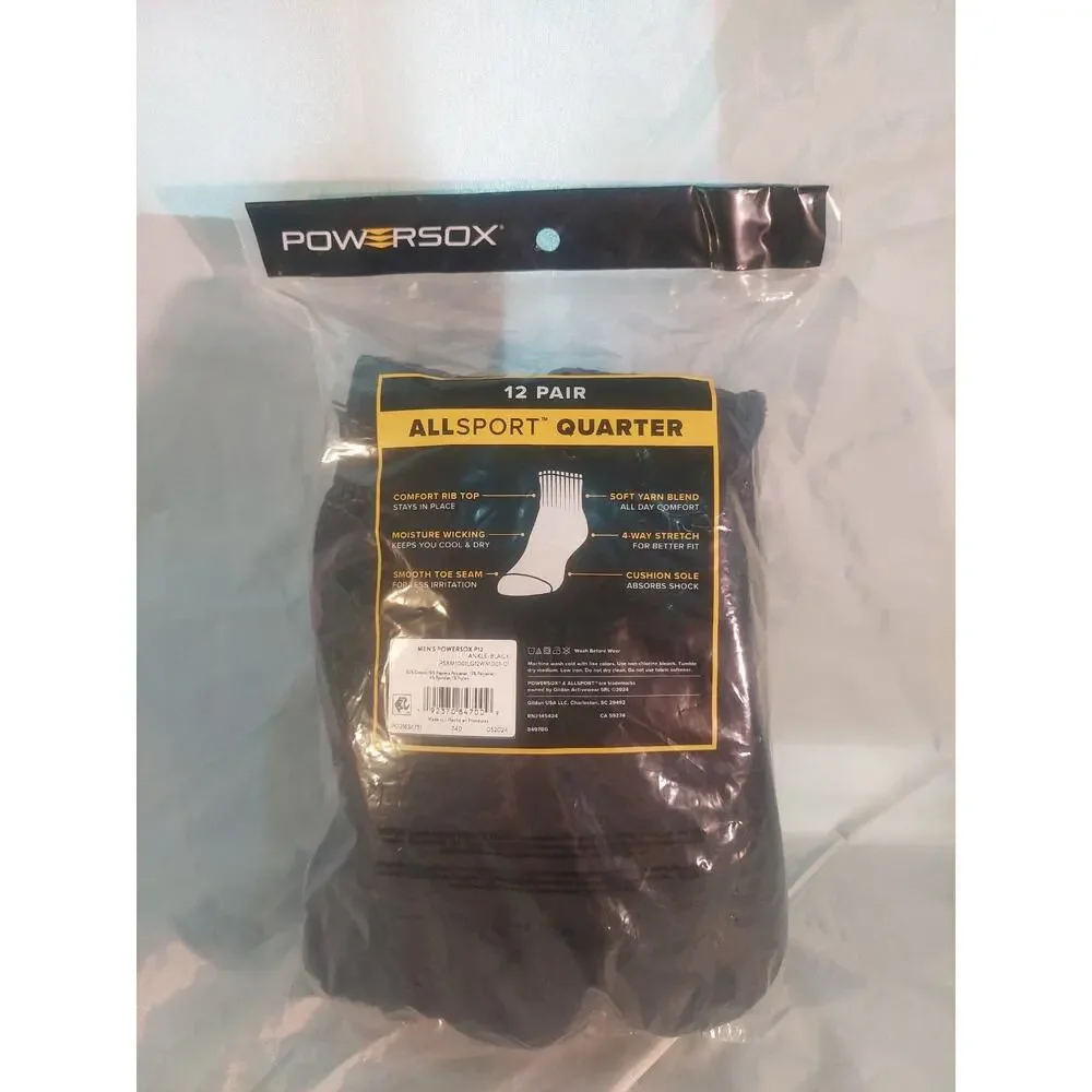 Powersox AllSport Men’s No Show Socks 12 Pairs Black Sizes 6-12